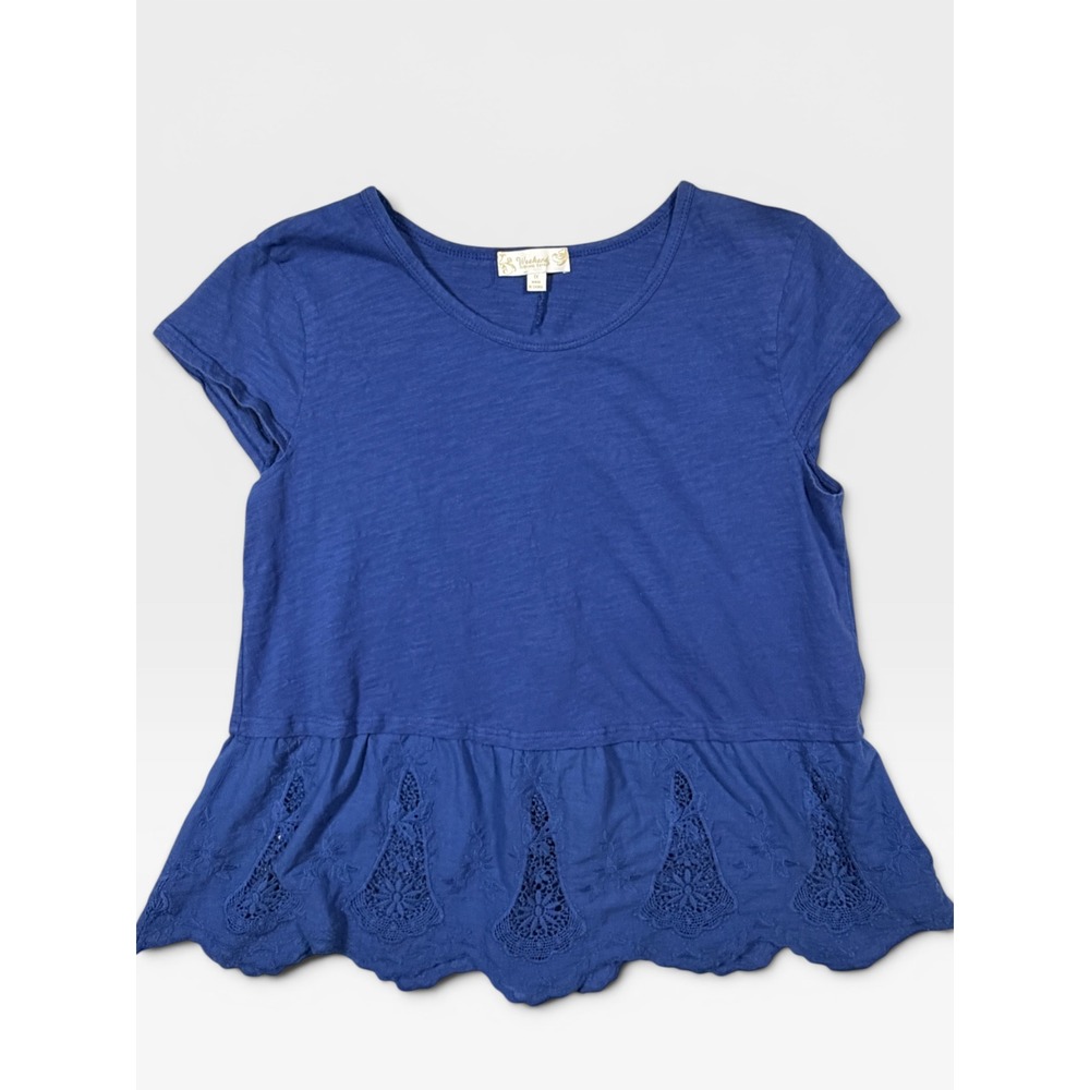 Weekend Suzanne Betro Blue Cotton Eyelet Lace Peplum Top 1X Embroidered Ruffle